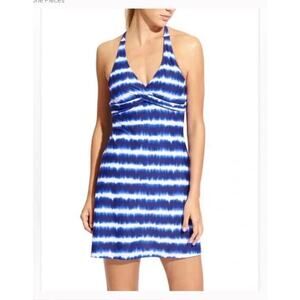 ATHLETA Swim Dress Del Mar Tara Halter Hydro Blue Stripe Tie Dye Print 32D DD